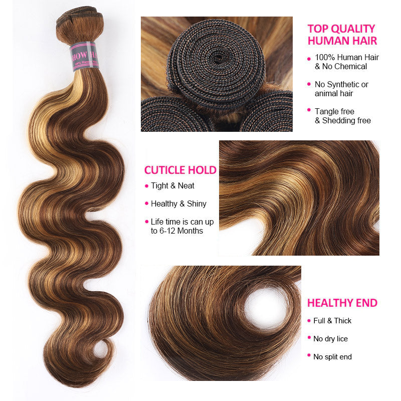 P4/27 Highlight Human Hair Bundles Body Wave, No Tangle, No Shedding