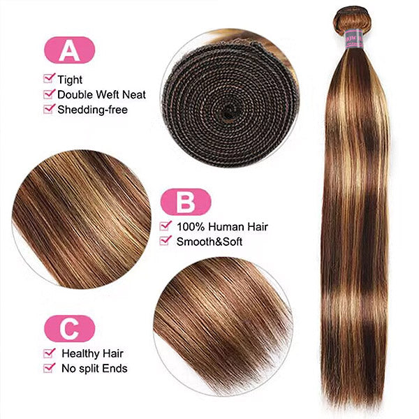 P4/27 Honey Blonde Straight Human Hair Bundles, Smooth Texture, Shedding-Free