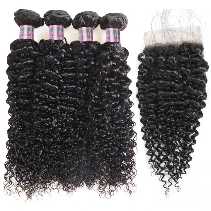 Ishow Virgin Peruvian Curly Human Hair 4 Bundles with 4*4 Lace Closure - IshowHair