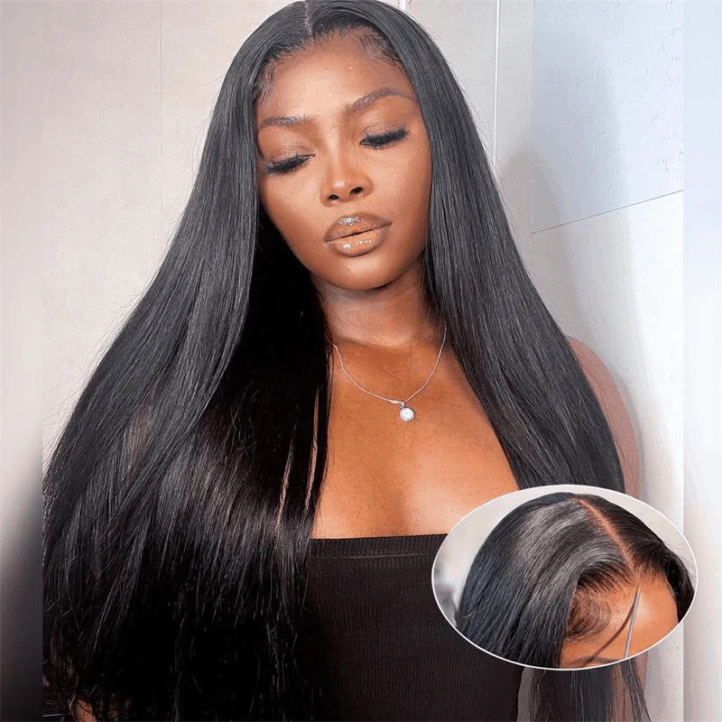 Woman With Natural Black Straight Hair Wig, Pre-Plucked Hairline