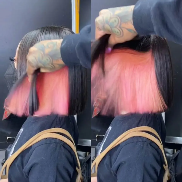 Hand Showing Peekaboo Pink Highlighted Straight Bob Wig From the Side
