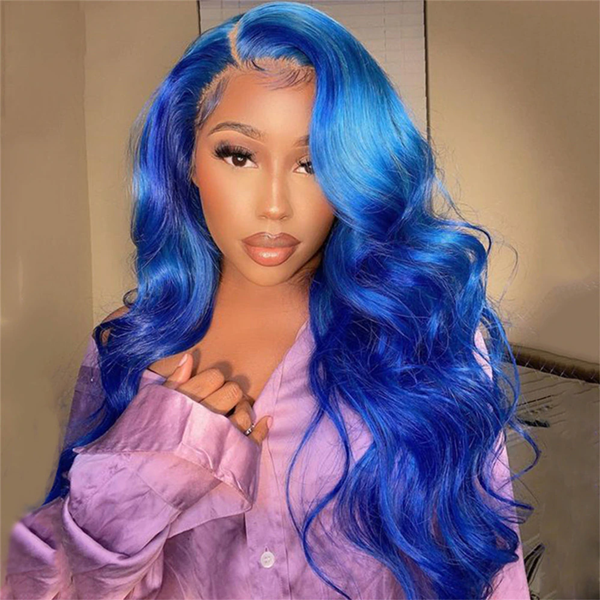 Woman With Long Blue Body Wave Hair in a Pink Blouse