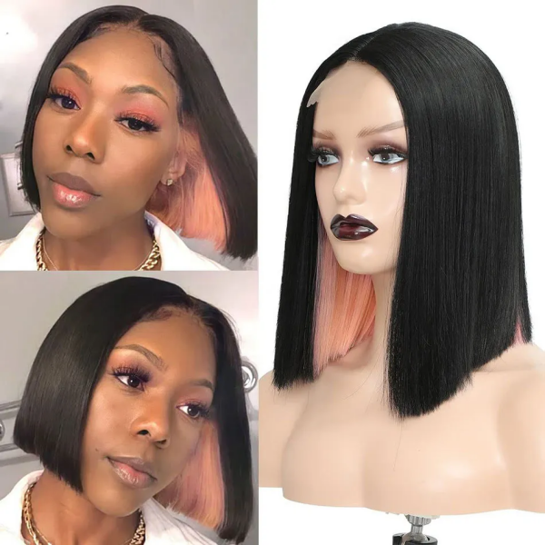 Peekaboo Pink Highlighted Straight Bob Wig On Model and Mannequin Display