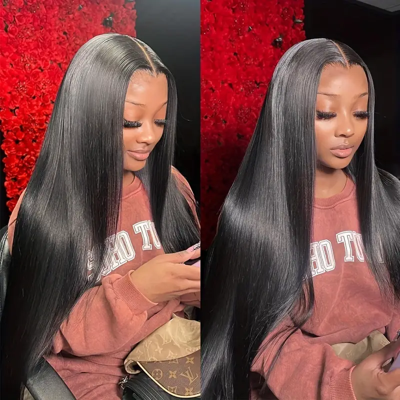 Model With Sleek Remy Straight Hair, Showcasing Natural Black Color and Shine