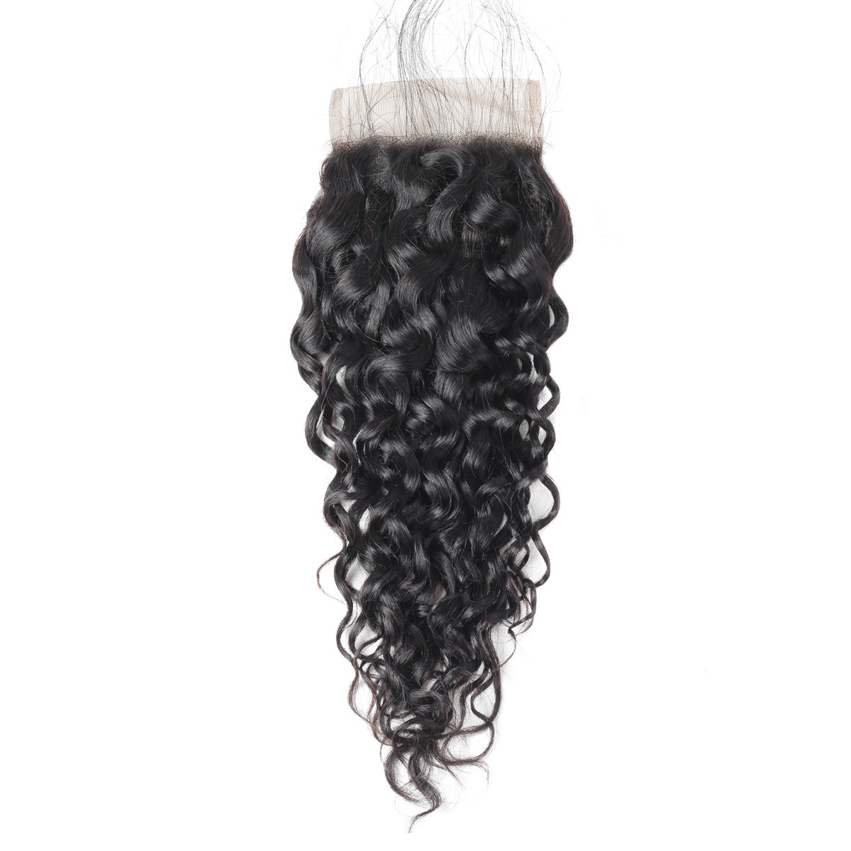 Water Wave Remy 4x4 lace closure in natural black with features like reinforced edge, natural baby hair, slightly bleached knots, medium brown lace, and 130% hair density.