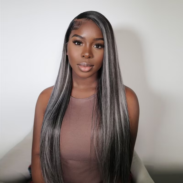 Woman With Long Straight Black Hair Featuring Gray Highlights