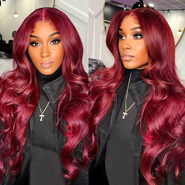 Model with burgundy 99J body wave human hair wig from Ishow Beauty, highlighting the pre-plucked hairline and natural look in an indoor setting.