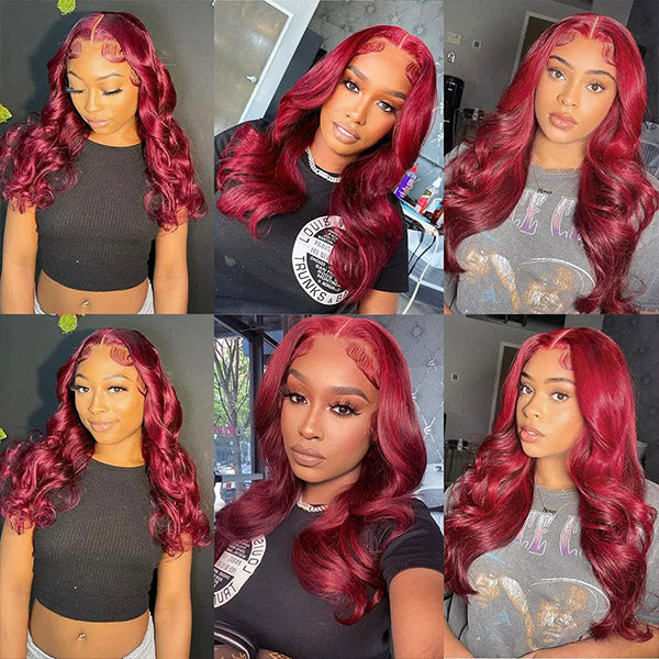 Model Displaying Ishow Burgundy Body Wave Wig in 99J Color, Highlighting Versatile Styling Options