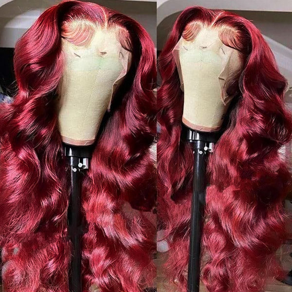 Ishow 99J Burgundy Body Wave Lace Front Wig On Stand Showcasing Vibrant Color and Curls