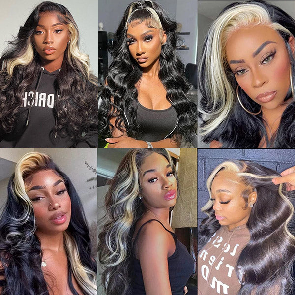Skunk Stripe Hair Body Wave Front Wigs 30 Inch Lace Front Wigs With Baby Hair Colored Human Hair Wigs