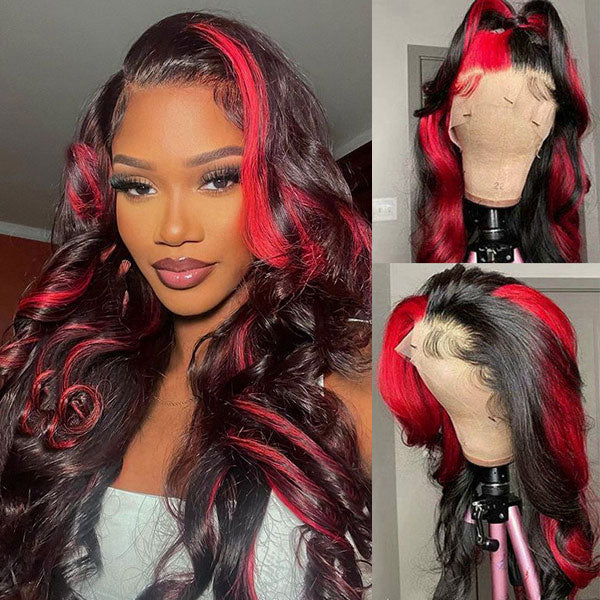 Woman wearing a black top, showcasing Ishow Beauty's Black with Red Highlights Colored Wigs in a body wave style. The wig features 13x4 HD lace front and vibrant red highlights.