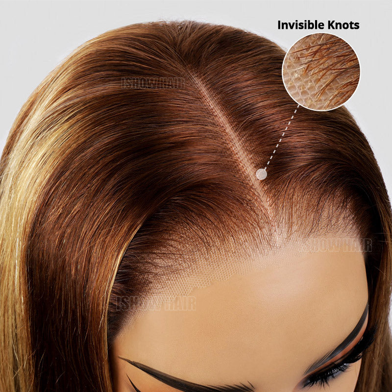 Close-Up of P4/27 Body Wave Wig Showing Invisible Knots and Realistic Scalp Appearance