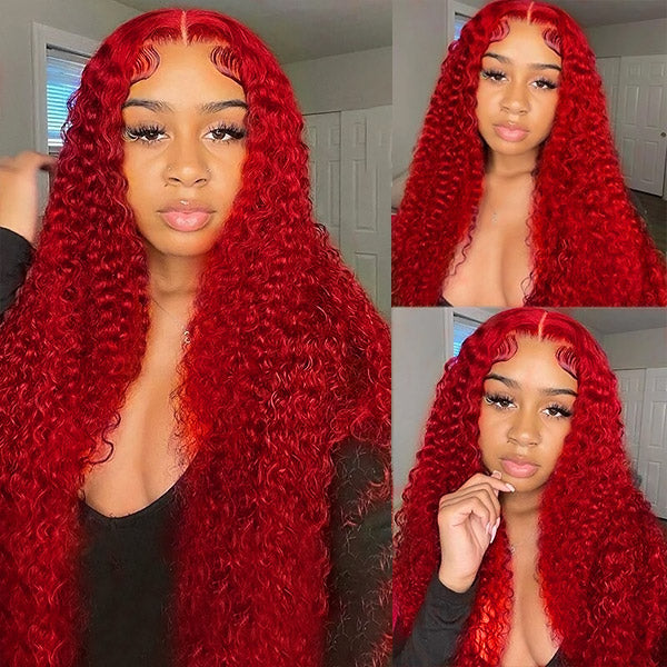 Model With Vibrant Red Kinky Curly Wig Showcasing Natural Baby Hair and Shiny Curls