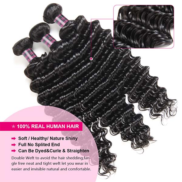 Three Deep Wave Human Hair Bundles in Natural Black Color With a Shiny Finish