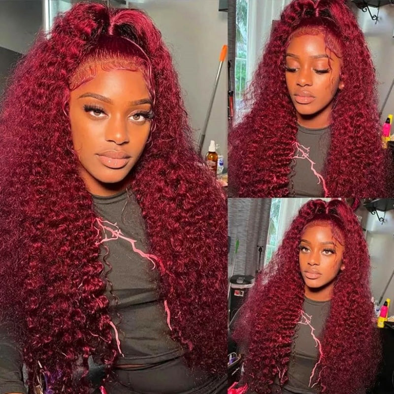 Model Displaying Voluminous 99J Burgundy Curly Hair Styled in High Ponytail