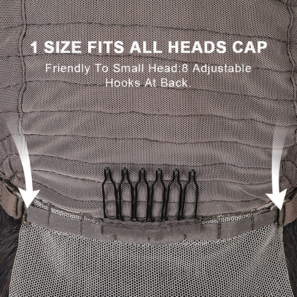Adjustable Wig Cap With Eight Hooks for a Secure Fit, Labeled '1 Size Fits All Heads'