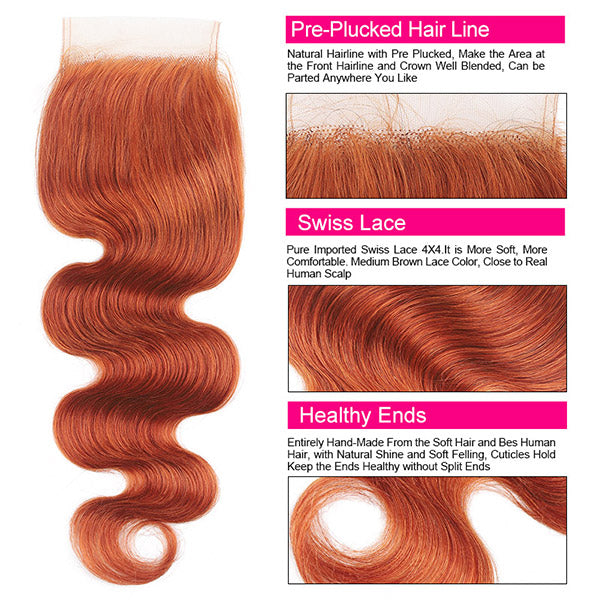 Orange Bundles with Closure Brazilian Body Wave Human Hair 3 Bundles With Lace Closure