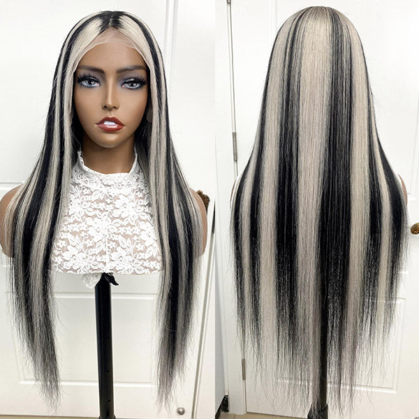Gray Highlights On Black Hair Straight Lace Front Wigs 180% Density Colored Human Hair Wigs