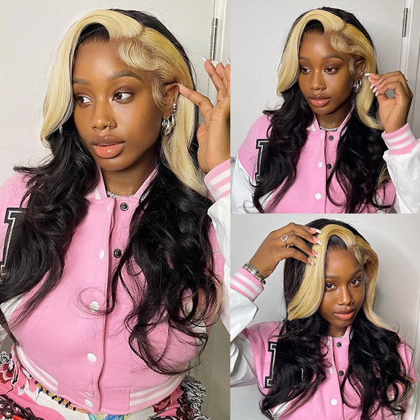 Skunk Stripe Hair Body Wave Front Wigs 30 Inch Lace Front Wigs With Baby Hair Colored Human Hair Wigs