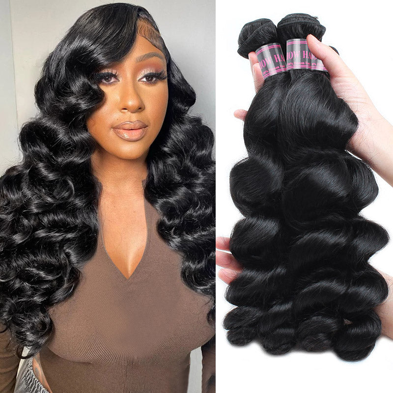 Model Wearing Wavy Jet Black Human Hair With 4 Bundles Displayed