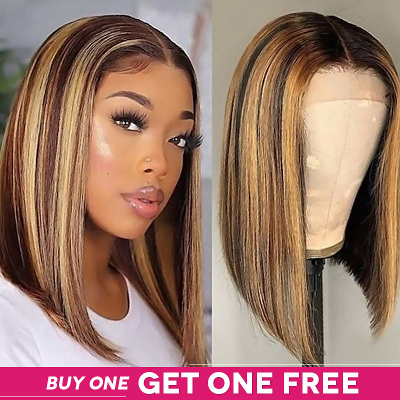 Mannequin displaying a loose wave short bob wig with honey blonde and ginger highlights. Pink banner with text 'BUY ONE GET ONE FREE' at the bottom.
