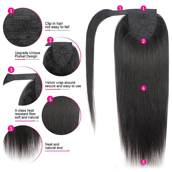 Long Ponytail Extension Straight Human Hair For Black Women 30 Inch Ponytail Around Clip in Ponytail