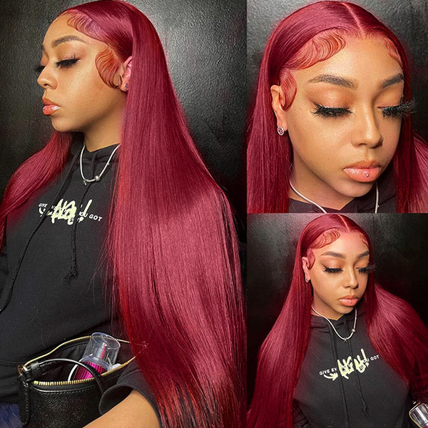 Burgundy Straight Human Hair Wig On Woman With Sleek Style and Laid Baby Hairs