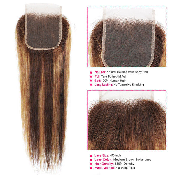 Ishow Beauty P4/27 Honey Blonde Straight Human Hair Weave 3 Bundles With 4x4 Lace Closure - IshowHair