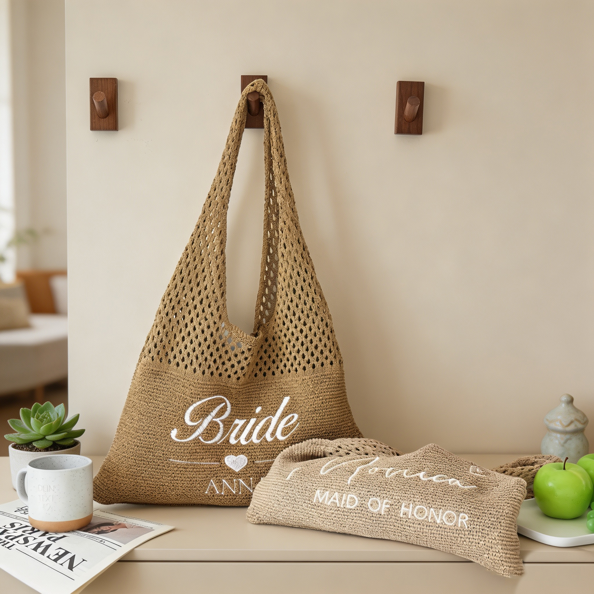 Personalized Embroidered Beach Tote Bag, Custom Name Mesh Summer Bag, Large Crochet Shoulder Bag, Vacation Gift for Women, Bridesmaid Gift