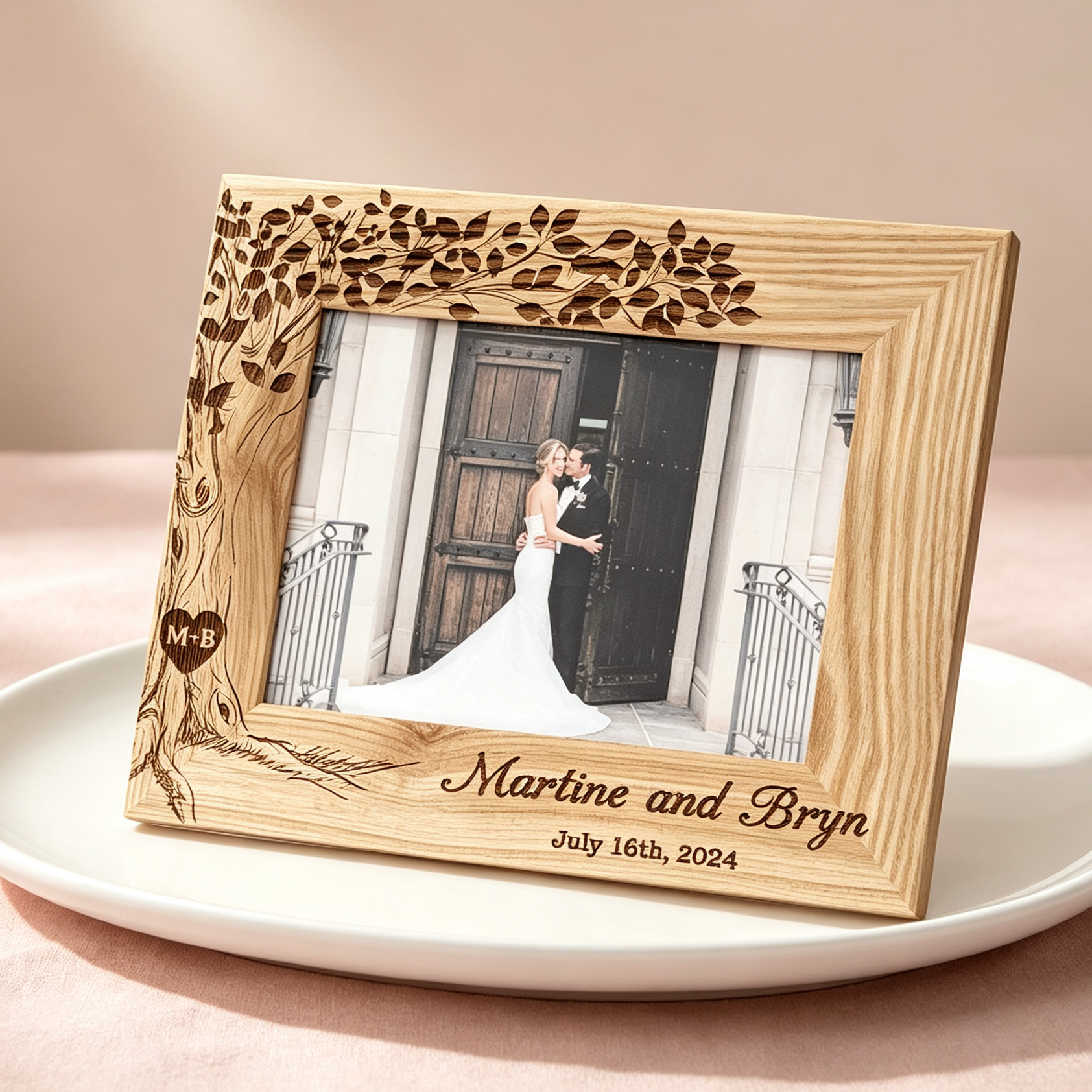 Personalized Wedding Photo Frame, Custom Engraved Oak Wood Frame with Names & Date, Rustic Wedding Gift for Couples, Anniversary Keepsake