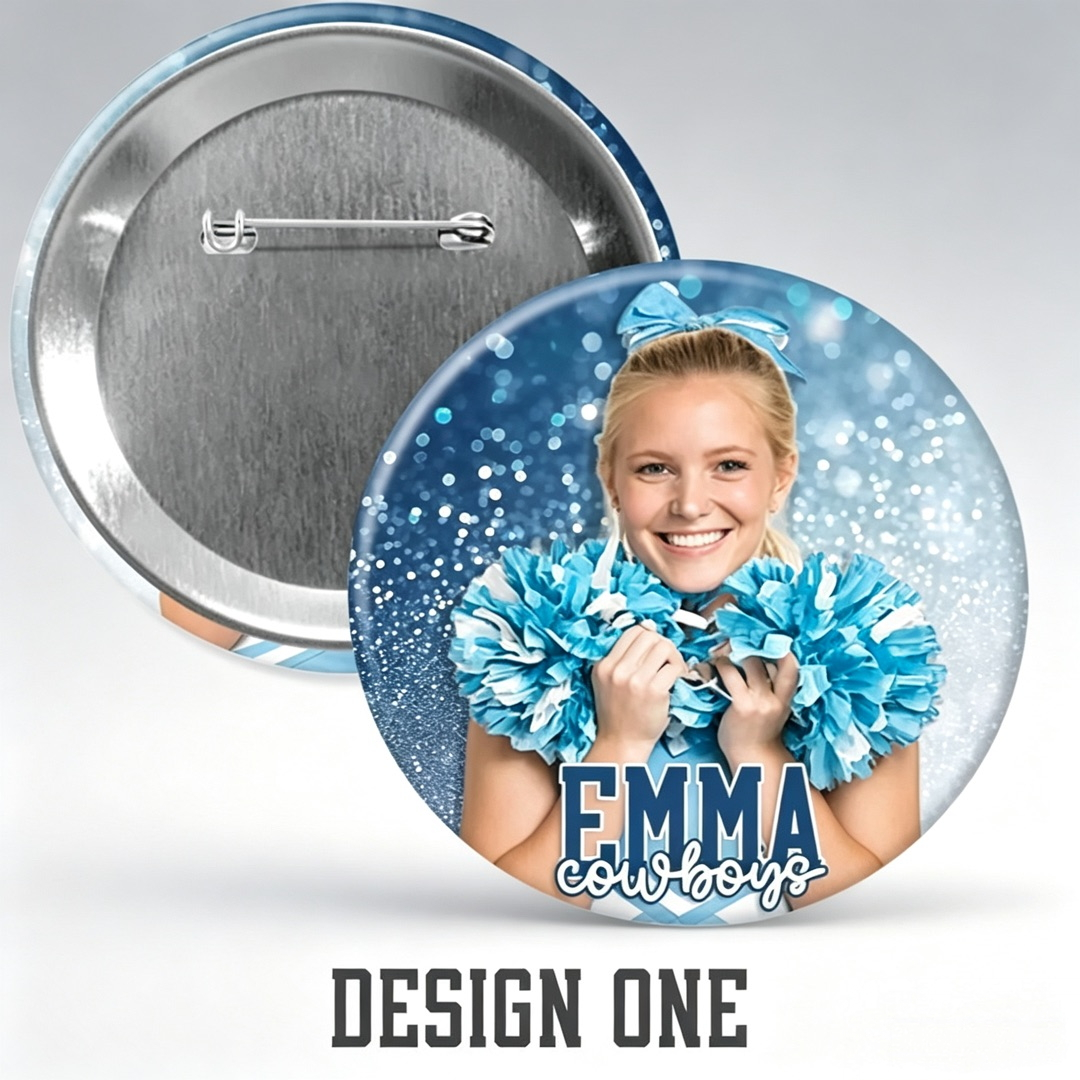 Personalized Cheer Photo Button, Custom Photo & Text Pin, Dance Pom Team Senior Night Keepsake