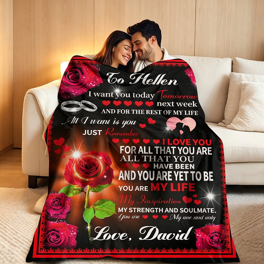 Personalized Love Letter Fleece Blanket, Custom Roses Blanket with Names, Romantic Valentine's Day Gift for Couples