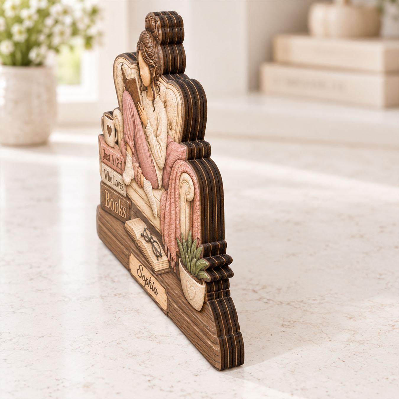Personalized Reading Girl Wooden Decor Custom Name Gift for Book Lovers and Avid Readers