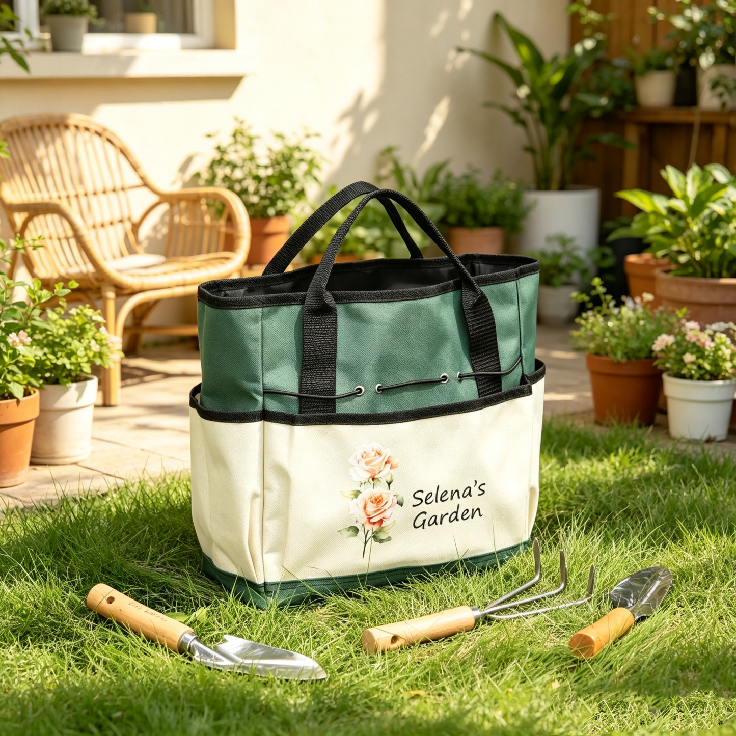 Personalized Gardening Tool Organizer Bag – A custom birth-flower themed gardening gift designed for moms, grandmothers, or gardening enthusiasts.