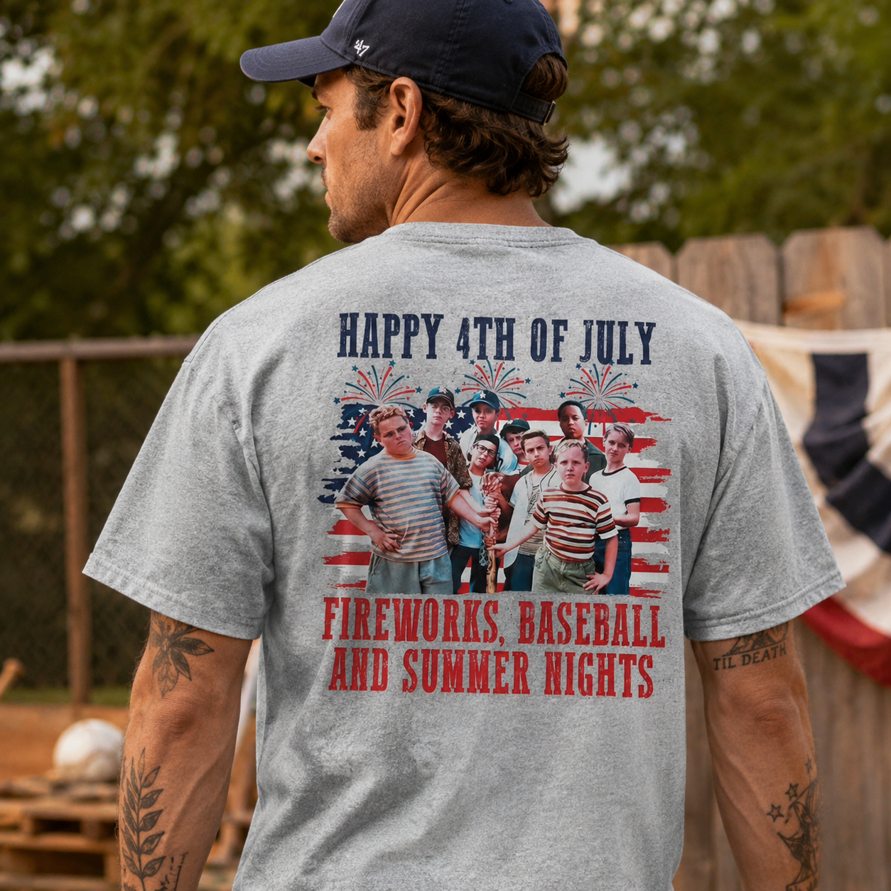 Fireworks, Baseball and Summer Nights 4th of July Patriotic Graphic T-Shirt