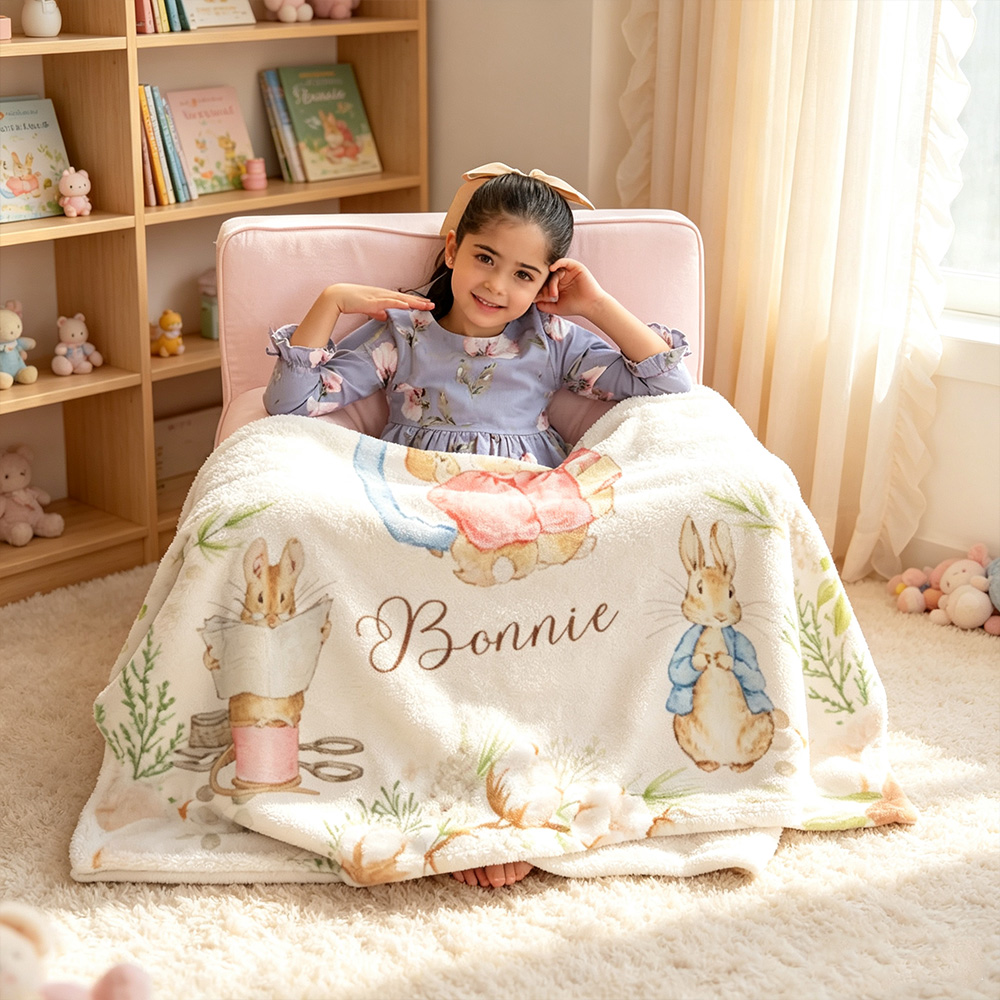 Personalized Peter Rabbit Easter Soft Throw Blanket with Name, Cute Bunny Nursery Blanket, Spring Home Decor, Baby Shower Birthday Gift for Newborns & Kids