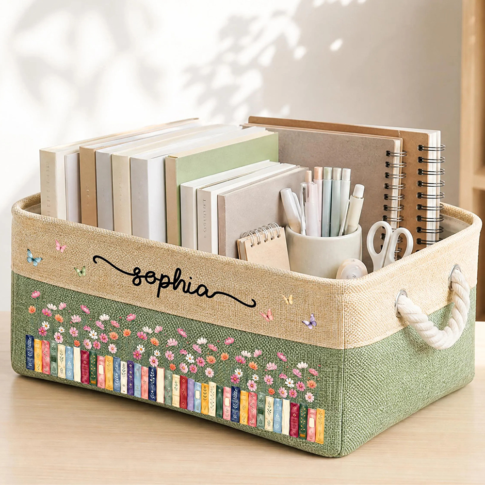Personalized Birth Flower Book Basket Custom Name Gift for Book Lovers