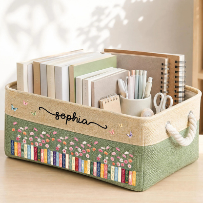 Personalized Birth Flower Book Basket Custom Name Gift for Book Lovers