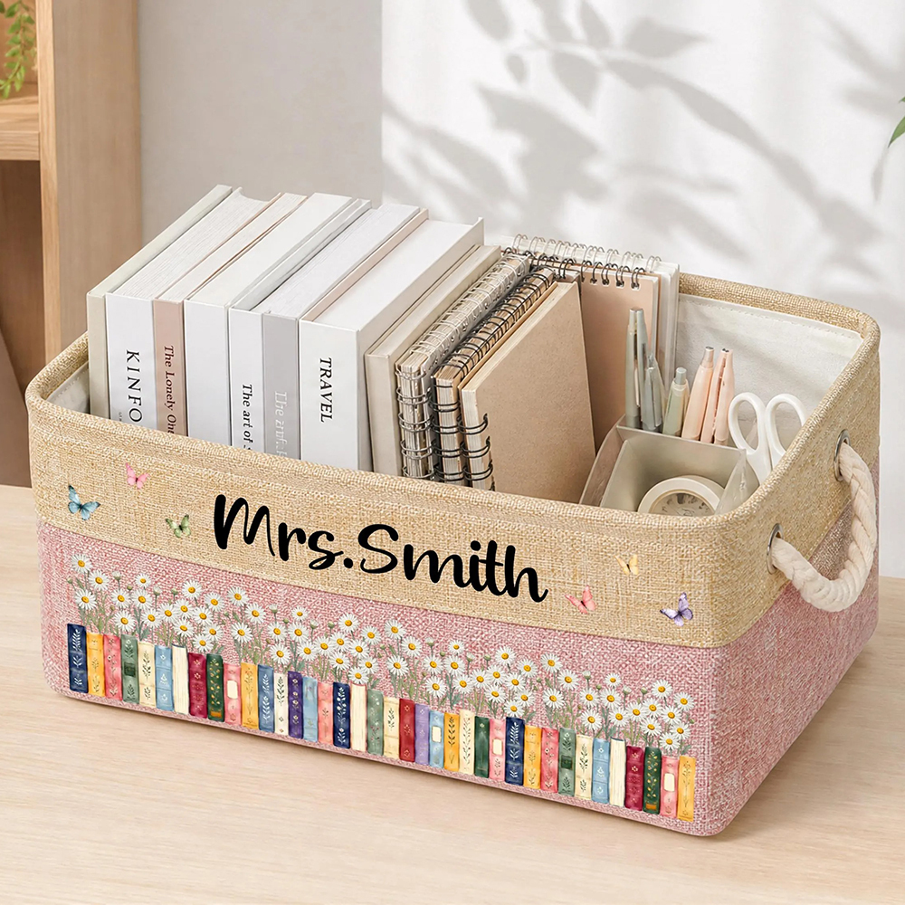 Personalized Birth Flower Book Basket Custom Name Gift for Book Lovers