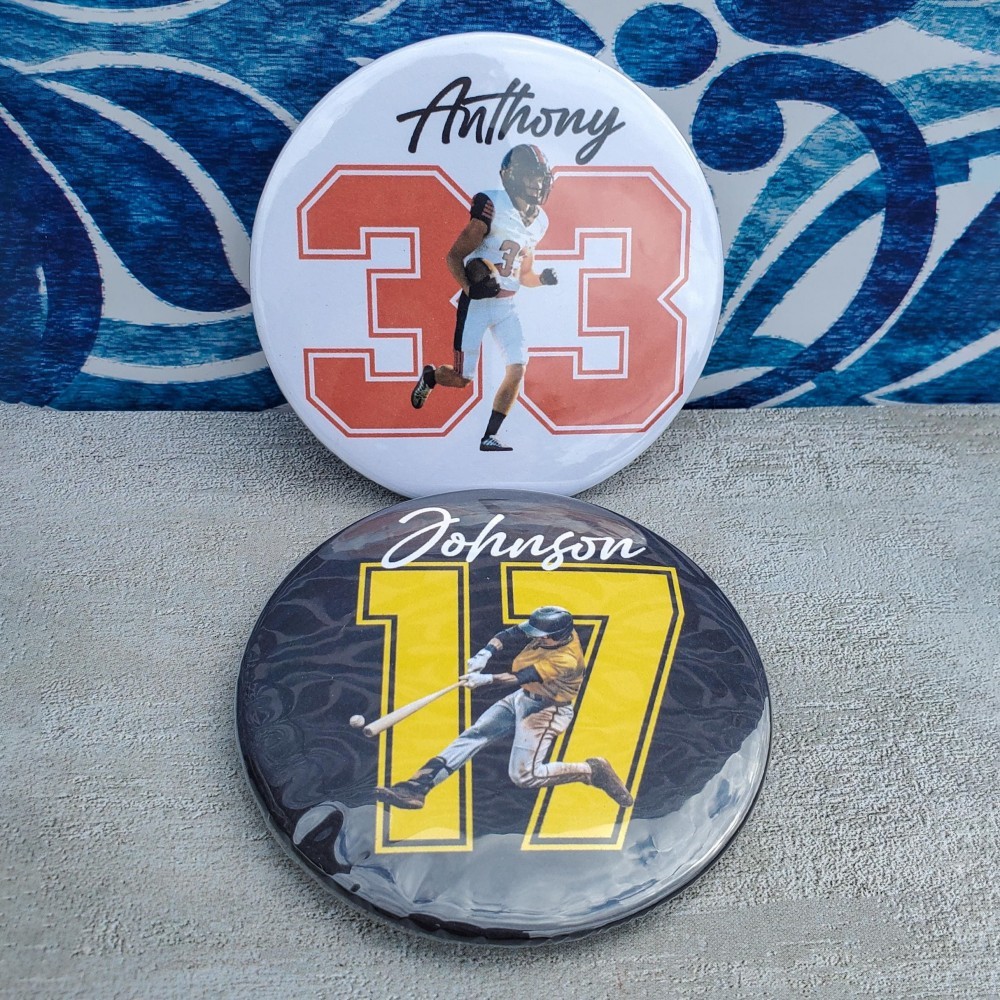 Personalized Sports Photo Button Custom Athlete Pin Senior 2026 Cheer Dance Soccer Softball Volleyball Game Day
