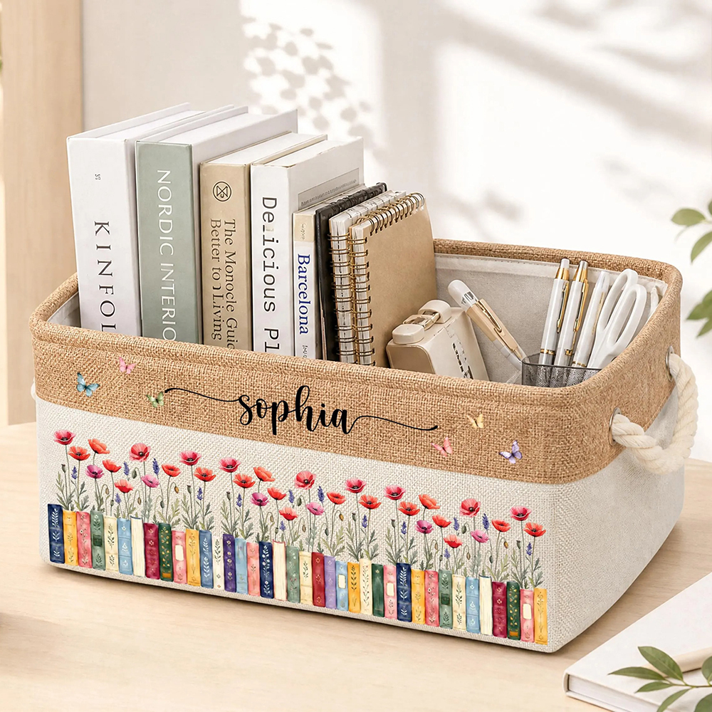 Personalized Birth Flower Book Basket Custom Name Gift for Book Lovers