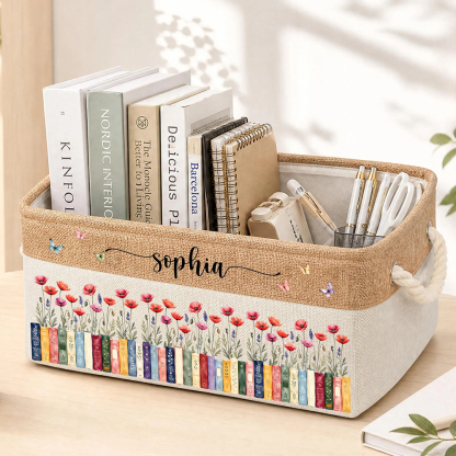 Personalized Birth Flower Book Basket Custom Name Gift for Book Lovers
