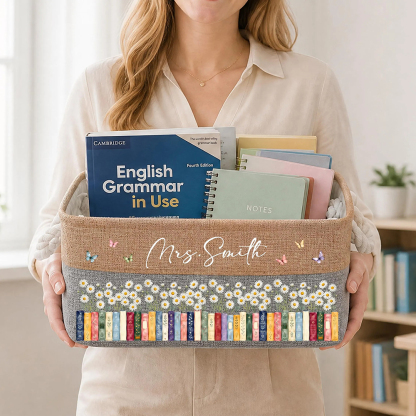 Personalized Birth Flower Book Basket Custom Name Gift for Book Lovers