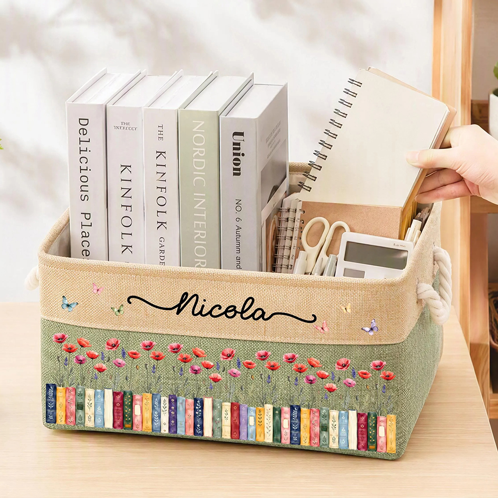 Personalized Birth Flower Book Basket Custom Name Gift for Book Lovers