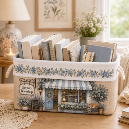 Personalized Book Organizer Basket Custom Name Linen Storage Bin for Book Lovers