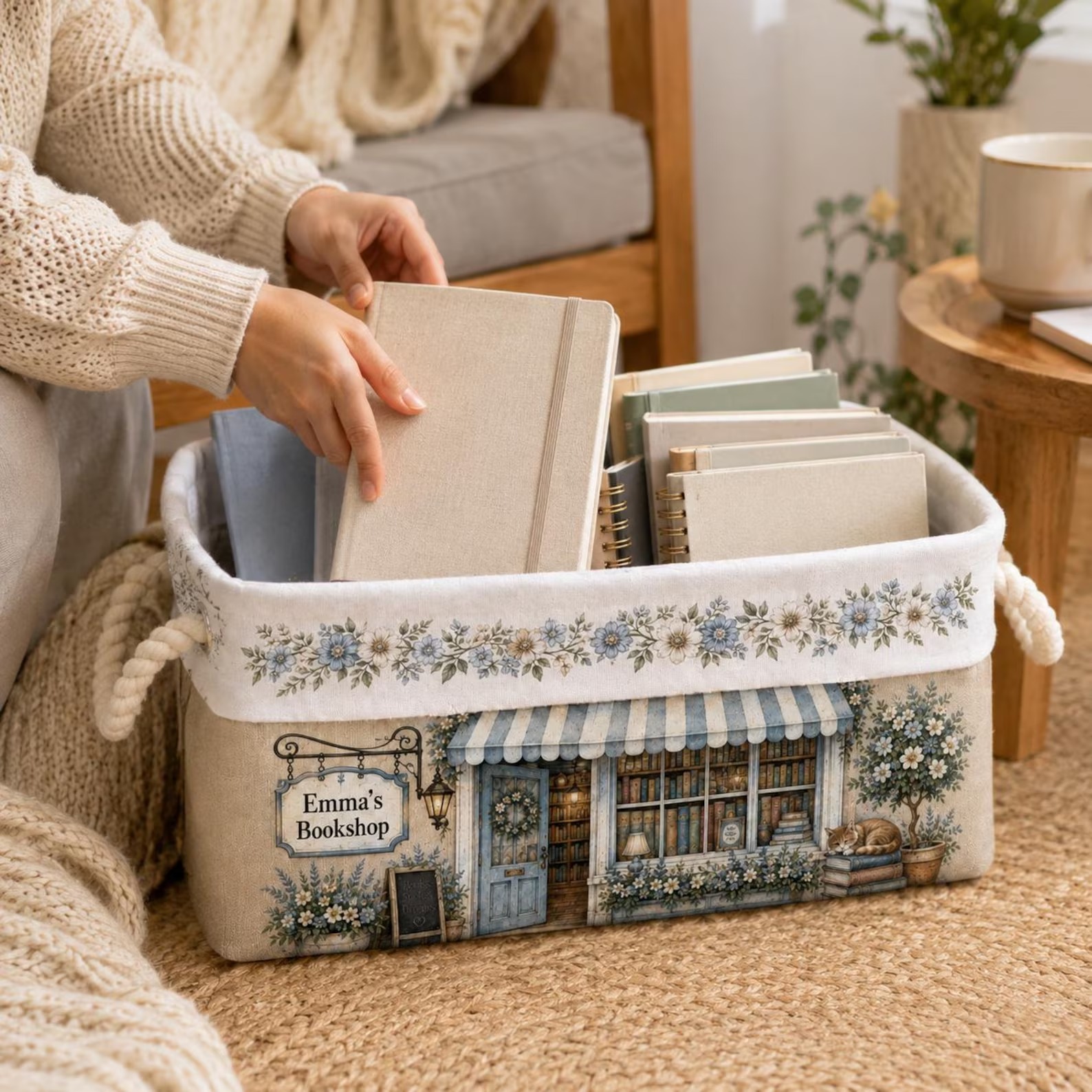 Personalized Book Organizer Basket Custom Name Linen Storage Bin for Book Lovers