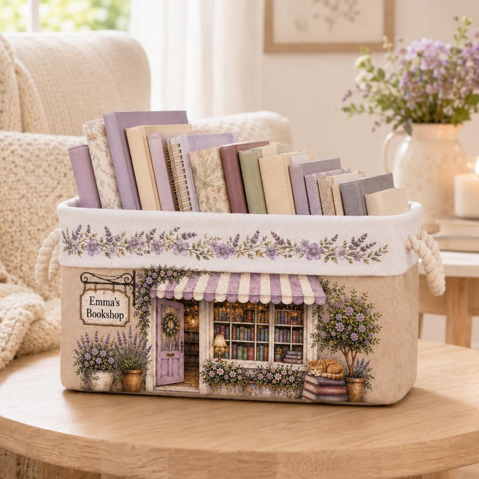 Personalized Book Organizer Basket Custom Name Linen Storage Bin for Book Lovers