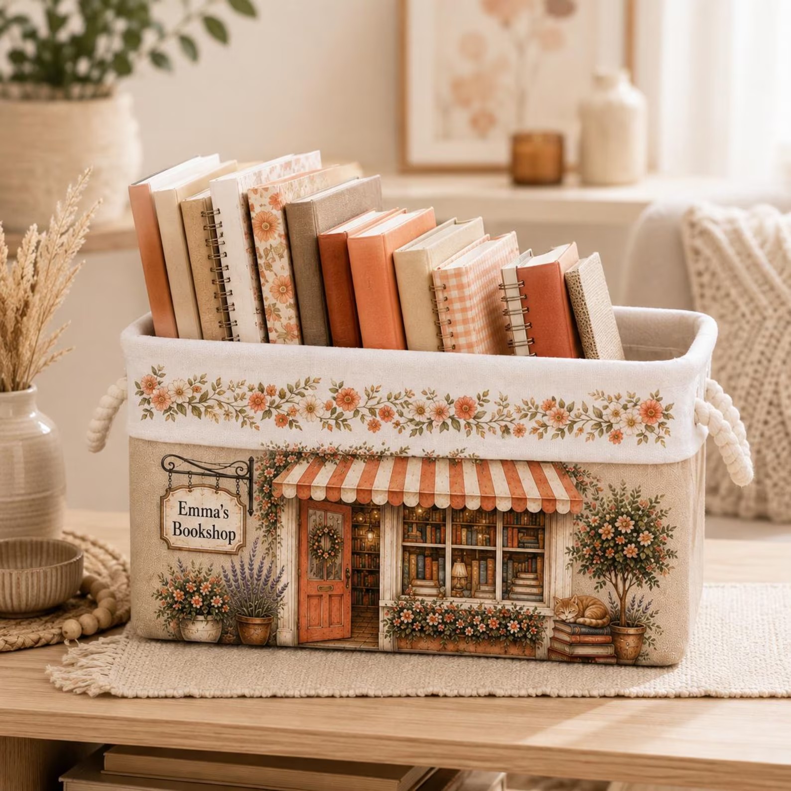 Personalized Book Organizer Basket Custom Name Linen Storage Bin for Book Lovers