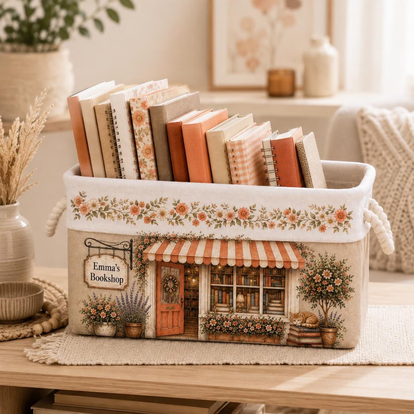 Personalized Book Organizer Basket Custom Name Linen Storage Bin for Book Lovers