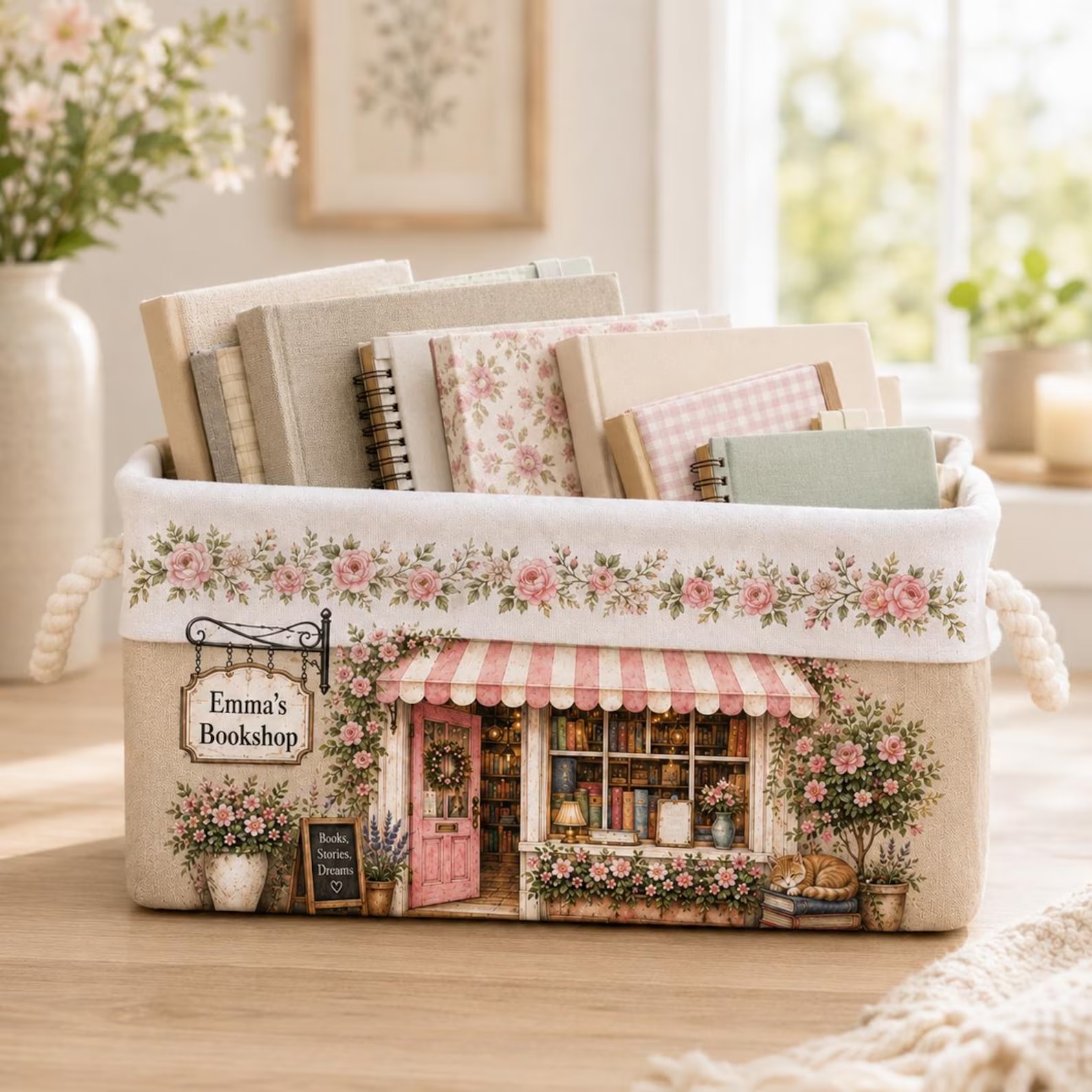 Personalized Book Organizer Basket Custom Name Linen Storage Bin for Book Lovers